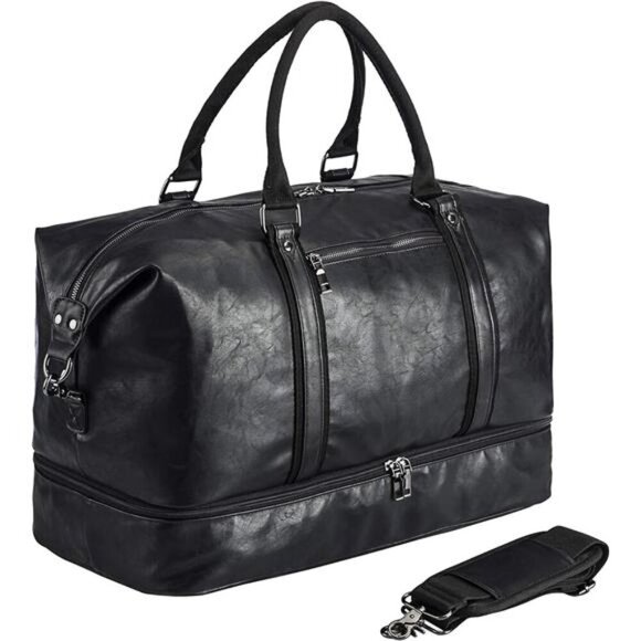 Leather Travel Bag with Shoe Pouch,Weekender Overnight Bag Waterproof PU Leather - Picture 1 of 7